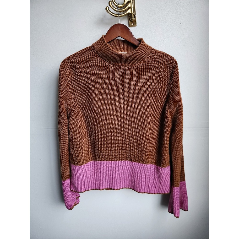 Varley Ribbed Colorblock Mock Neck Knit Sweater XS Brown Pink Activewear